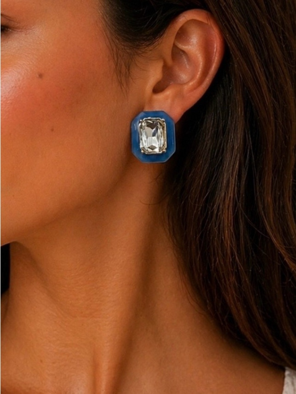 Plunder Navy and Clear Rectangular Crystal Stud Earrings NWT